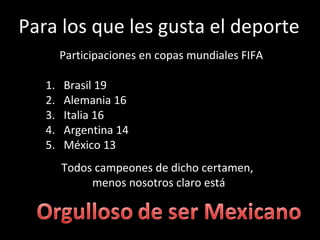 Para los que les gusta el deporte Participaciones en copas mundiales FIFA Brasil 19 Alemania 16 Italia 16 Argentina 14 México 13 Todos campeones de dicho certamen,  menos nosotros claro está 