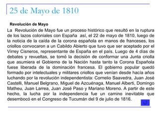 25 de Mayo de 1810 La  Revolución de Mayo fue un proceso histórico que resultó en la ruptura de los lazos coloniales con España  así, el 22 de mayo de 1810, luego de la noticia de la caída de la corona española en manos de franceses, los criollos convocaron a un Cabildo Abierto que tuvo que ser aceptado por el Virrey Cisneros, representante de España en el país. Luego de 4 días de debates y revueltas, se tomó la decisión de conformar una Junta criolla que asumiera el Gobierno de la Nación hasta tanto la Corona Española fuese liberada de la dominación francesa. El gobierno popular quedó formado por intelectuales y militares criollos que venían desde hacía años luchando por la revolución independentista: Cornelio Saavedra, Juan José Castelli, Manuel Belgrano, Miguel de Azcuénaga, Manuel Alberti, Domingo Matheu, Juan Larrea, Juan José Paso y Mariano Moreno. A partir de este hecho, la lucha por la independencia fue un camino inevitable que desembocó en el Congreso de Tucumán del 9 de julio de 1816.  Revolución de Mayo   
