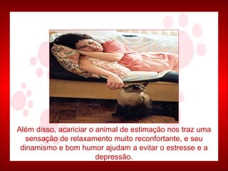 Além disso, acariciar o animal de estimação nos traz uma sensação de relaxamento muito reconfortante, e seu dinamismo e bom humor ajudam a evitar o estresse e a depressão. 