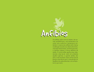 Os anfíbios, assim como os répteis, são ani-
mais pecilotérmicos, cuja temperatura do
corpo varia conforme a temperatura am-
biental. A maioria dos anfíbios sofre intensa
modificação durante seu desenvolvimento,
chamada metamorfose, somente após esta,
o indivíduo adquire a forma definitiva de
adulto. O nome anfíbio significa duas vidas,
durante a fase larval, vivem em ambiente
aquático (girinos), e quando adultos vão
para o meio terrestre. Esses animais são de
grande importância para a manutenção do
equilíbrio da cadeia alimentar e do ambien-
te em que vivem.



                                                227
 