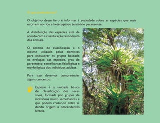 O que pretendemos?

     O objetivo deste livro é informar à sociedade sobre as espécies que mais
     ocorrem no rico e heterogêneo território paranaense.

     A distribuição das espécies está de
     acordo com a classificação taxonômica
     dos animais.

     O sistema de classificação é o
     mesmo utilizado pelos cientistas
     para enquadrar os grupos baseado
     na evolução das espécies, grau de
     parentesco, semelhanças fisiológicas e
     morfológicas dos indivíduos adultos.

     Para isso devemos       compreender
     alguns conceitos:

          Espécie é a unidade básica
          de classificação dos seres
          vivos, formada por grupos de
          indivíduos muito semelhantes e
          que podem cruzar-se entre si,
          dando origem a descendentes
          férteis.

12
 