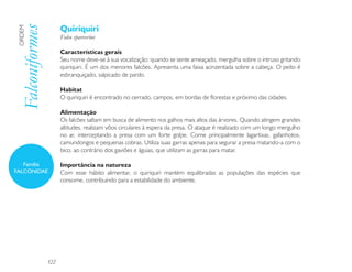 Quiriquiri
 Falconiformes
 ORDEM

                       Falco sparverius

                       Características gerais
                       Seu nome deve-se à sua vocalização: quando se sente ameaçado, mergulha sobre o intruso gritando
                       quiriquiri. É um dos menores falcões. Apresenta uma faixa acinzentada sobre a cabeça. O peito é
                       esbranquiçado, salpicado de pardo.

                       Habitat
                       O quiriquiri é encontrado no cerrado, campos, em bordas de florestas e próximo das cidades.

                       Alimentação
                       Os falcões saltam em busca de alimento nos galhos mais altos das árvores. Quando atingem grandes
                       altitudes, realizam vôos circulares à espera da presa. O ataque é realizado com um longo mergulho
                       no ar, interceptando a presa com um forte golpe. Come principalmente lagartixas, gafanhotos,
                       camundongos e pequenas cobras. Utiliza suas garras apenas para segurar a presa matando-a com o
                       bico, ao contrário dos gaviões e águias, que utilizam as garras para matar.

   Família             Importância na natureza
FALCONIDAE             Com esse hábito alimentar, o quiriquiri mantém equilibradas as populações das espécies que
                       consome, contribuindo para a estabilidade do ambiente.




                 122
 