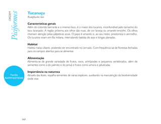 Tucanuçu
  Piciformes
  ORDEM

                     Ramphastos toco

                     Características gerais
                     Além do colorido berrante e o imenso bico, é o maior dos tucanos, inconfundível pelo tamanho do
                     bico laranjado. A região próxima aos olhos são nuas, de cor laranja ou amarelo-enxofre. Os olhos
                     chamam atenção pelas pálpebras azuis. O papo é amarelo e, ao seu redor, predomina o vermelho.
                     Os tucanos voam em fila indiana, intercalando batidas de asas e longas planadas.

                     Habitat
                     Habita matas ciliares, podendo ser encontrado no cerrado. Com freqüência sai de florestas fechadas
                     para os campos abertos para se alimentar.

                     Alimentação
                     Alimenta-se de grande variedade de frutos, ovos, artrópodes e pequenos vertebrados, além de
                     sementes como a do palmito e do jerivá e frutos como amora e jabuticaba.

                     Importância na natureza
   Família           Através das fezes, espalha sementes de várias espécies, auxiliando na manutenção da biodiversidade
RAMPHASTIDAE         onde vive.




               148
 