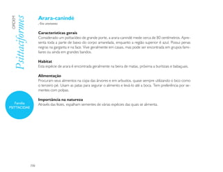 Arara-canindé
 Psittaciformes
 ORDEM

                        Ara ararauna

                        Características gerais
                        Considerado um psittacídeo de grande porte, a arara-canindé mede cerca de 80 centímetros. Apre-
                        senta toda a parte de baixo do corpo amarelada, enquanto a região superior é azul. Possui penas
                        negras na garganta e na face. Vive geralmente em casais, mas pode ser encontrada em grupos fami-
                        liares ou ainda em grandes bandos.

                        Habitat
                        Esta espécie de arara é encontrada geralmente na beira de matas, próxima a buritizais e babaçuais.

                        Alimentação
                        Procuram seus alimentos na copa das árvores e em arbustos, quase sempre utilizando o bico como
                        o terceiro pé. Usam as patas para segurar o alimento e levá-lo até a boca. Tem preferência por se-
                        mentes com polpas.

                        Importância na natureza
   Família              Através das fezes, espalham sementes de várias espécies das quais se alimenta.
PSITTACIDAE




                  156
 