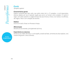 Curió
 Passeriformes
 ORDEM

                       Sporophila angolensis

                       Características gerais
                       Espécie conhecida pelo belo canto, que pode conter de 6 a 13 variações, o curió desenvolveu
                       diversos dialetos por isso é bastante caçado para servir ao homem como cantador. O macho é
                       negro, com peito castanho e a região de baixo das asas é branca. O bico, nos machos e nas fêmeas,
                       são negros, retos e com variações de tamanho.

                       Habitat
                       Ocorre em todo o Brasil, em florestas e brejos.

                       Alimentação
                       Alimenta-se de sementes, principalmente da tiririca.

                       Importância na natureza
                       Devido ao seu hábito alimentar, o curió espalha, através das fezes, sementes de várias espécies, uma
                       maneira de garantir a vida na floresta.
  Família
EMBERIZIDAE




                 186
 