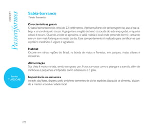 Sabiá-barranco
Passeriformes
ORDEM

                      Turdus leucomelas

                      Características gerais
                      O sabiá-barranco mede cerca de 22 centímetros. Apresenta forte cor de ferrugem nas asas e na ca-
                      beça e cinza-oliva pelo corpo. A garganta e a região de baixo da cauda são esbranquiçadas, enquanto
                      o bico é escuro. Quando a noite se aproxima, o sabiá rodeia o local onde pretende dormir, cantando
                      em um tom mais forte que no resto do dia. Esse comportamento é realizado para certificar-se que
                      o poleiro escolhido é seguro e agradável.

                      Habitat
                      Ocorre em várias regiões do Brasil, na borda de matas e florestas, em parques, matas ciliares e
                      coqueirais.

                      Alimentação
                      Sua dieta é muito variada, sendo composta por, frutos carnosos como a pitanga e a acerola, além de
                      minhocas e pequenos artrópodes como o besouro e o grilo.

    Família           Importância na natureza
TURDIDAE              Através das fezes, dispersa pelo ambiente sementes de várias espécies das quais se alimenta, ajudan-
                      do a manter a biodiversidade local.




                172
 