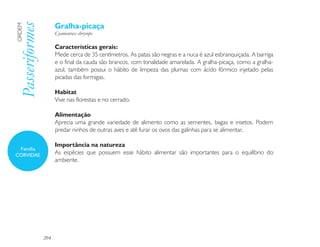 Gralha-picaça
Passeriformes
ORDEM

                      Cyanocorax chrysops

                      Características gerais:
                      Mede cerca de 35 centímetros. As patas são negras e a nuca é azul esbranquiçada. A barriga
                      e o final da cauda são brancos, com tonalidade amarelada. A gralha-picaça, como a gralha-
                      azul, também possui o hábito de limpeza das plumas com ácido fórmico injetado pelas
                      picadas das formigas.

                      Habitat
                      Vive nas florestas e no cerrado.

                      Alimentação
                      Aprecia uma grande variedade de alimento como as sementes, bagas e insetos. Podem
                      predar ninhos de outras aves e até furar os ovos das galinhas para se alimentar.

                      Importância na natureza
 Família
CORVIDAE              As espécies que possuem esse hábito alimentar são importantes para o equilíbrio do
                      ambiente.




                204
 