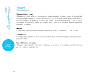 Tangará
Passeriformes
ORDEM

                      Chiroxiphia caudata

                      Características gerais
                      O tangará conhecido pelas danças que executa para conquistar a fêmea em épocas de reprodução,
                      onde os tangarás conquistadores se posicionam em torno da fêmea formando uma ciranda, pulando
                      de galho em galho, até algum ser escolhido pela amada. Mede aproximadamente 15 cm, apresenta
                      azul celeste no peito e no dorso, asas e cauda preta e uma coroa vermelha brilhante, facilmente
                      observada na floresta.

                      Habitat
                      É encontrado em florestas densas e bem conservadas, do Rio Grande do Sul a Leste da Bahia

                      Alimentação
                      Come grande quantidade de frutas, especialmente as duras, mas também pequenos insetos encon-
                      trados nas folhas.

                      Importância na natureza
    Família
                      O tangará espalha pela floresta, através das fezes, sementes de várias espécies, ajudando assim a
PIPRIDAE
                      garantir a vida em seu ambiente.




                178
 
