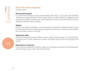 Gato-do-mato-pequeno
ORDEM

Carnivora          Leopardus tigrinus

                   Características gerais
                   É o menor felino brasileiro; seu peso, quando adulto, pode chegar a 2 ou 3 quilos. Seu tamanho é
                   semelhante ao do gato doméstico. Possui a cabeça pequena e o focinho afilado, na região de cima do
                   corpo pode-se observar a presença de rosetas (pequenas manchas escuras lembrando as da onça-
                   pintada), de tamanho e formas variadas.

                   Habitat
                   Vive em vários tipos de ambientes, mas normalmente é encontrado em florestas fechadas. Ocorre
                   em todo o Brasil. No Paraná, está presente principalmente na Floresta com Araucária, Floresta Atlân-
                   tica, nos campos naturais e no cerrado.

                   Importante saber
                   O gato-do-mato-pequeno possui hábitos noturnos, saindo à noite para caçar. É um animal solitário,
                   mas pode viver em casais. Quando isso acontece, há grandes chances de ficarem juntos pelo resto
                   da vida.
    Família
 FELIDAE
                   Importância na natureza
                   Como as demais espécies de carnívoros, o gato-do-mato-pequeno contribui no controle populacio-
                   nal de marsupiais, aves e insetos, das quais se alimenta.




              38
 