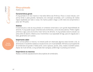 Onça-pintada
ORDEM

Carnivora        Panthera onca

                 Características gerais
                 A onça-pintada é um dos maiores e mais belos felinos das Américas. Possui o corpo robusto, com
                 pernas fortes e patas grandes. Apresenta uma coloração amarelada, com a presença de rosetas
                 negras espalhadas por todo o corpo. Os machos podem chegar a 2,40 metro de comprimento e
                 pesar até 140 quilos.

                 Habitat
                 É essencial para a vida da onça-pintada um ambiente conservado e com grande disponibilidade de
                 alimento. A onça pode ocupar ambientes tanto de florestas, como de áreas abertas. Prefere regiões
                 próximas a água, pois ali encontra maior fartura de alimento. A onça-pintada costuma estudar sua
                 presa antes de atacá-la. Observa seus movimentos e sua capacidade de fuga, para em seguida dar o
                 bote, geralmente com sucesso.

                 Importante saber
                 É um animal solitário e noturno, no entanto pode ser observado algumas vezes durante o dia, se
  Família        alimentando. É excelente nadadora e escala árvores com muita facilidade. Alimenta-se principalmente
 FELIDAE         de vertebrados de grande e médio porte, como capivaras, jacarés, antas, veados e também peixes.
                 Apesar de muito temida, a onça-pintada não é perigosa, prefere fugir na presença do homem.

                 Importância na natureza
                 Realiza o controle populacional de várias espécies de vertebrados.




            44
 