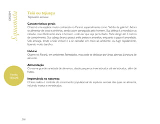 Teiú ou tejuaçu
ORDEM

Squamata          Tupinambis merianae

                  Características gerais
                  O teiú é uma espécie muito conhecida no Paraná, especialmente como “ladrão de galinha”. Adora
                  se alimentar de ovos e pintinhos, sendo assim perseguido pelo homem. Sua defesa é a mordida e as
                  rabadas, mas dificilmente ataca o homem, a não ser que seja perturbado. Pode atingir até 2 metros
                  de comprimento. Sua cabeça branca possui anéis pretos e amarelos, enquanto o papo é amarelado.
                  Sob ameaça, tende a ficar imóvel e a se camuflar em meio ao ambiente, ou fugir rapidamente,
                  fazendo muito barulho.

                  Habitat
                  Ocorre no Paraná, em ambientes florestados, mas pode se deslocar por áreas abertas à procura de
                  alimento.

                  Alimentação
                  Consome grande variedade de alimentos, desde pequenos invertebrados até vertebrados, além de
                  frutos.
  Família
 TEIIDAE          Importância na natureza
                  O teiú realiza o controle do crescimento populacional de espécies animais das quais se alimenta,
                  incluindo insetos e vertebrados.




            210
 
