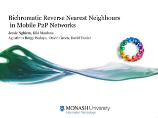 Bichromatic Reverse Nearest Neighbours
in Mobile P2P Networks
Jessie Nghiem, Kiki Maulana
Agustinus Borgy Waluyo, David Green, David Taniar
 