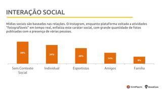 Metodologia
Mídias sociais são baseadas nas relações. O Instagram, enquanto plataforma voltada a atividades
“fotografáveis” em tempo real, enfatiza este caráter social, com grande quantidade de fotos
publicadas com a presença de várias pessoas.
INTERAÇÃO SOCIAL
 