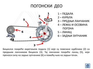 ПОГОНСКИ ДЕО
1 – ПЕДАЛА
2 – КУРБЛА
3 – ПРЕДЊИ ЛАНЧАНИК
4 – ЛЕЖАЈ И ОСОВИНА
ПОГОНА
5 – ЛАНАЦ
6 – ЗАДЊИ ЗУПЧАНИК
Бициклсе покреће окретањем педала (1) које су повезане курблама (2) са
предњим ланчником бицикла (3). Тај ланчаник покреће ланац (5), који
преноси силу на задње зупчанике (6) и помоћу њих на задњи точак.
 