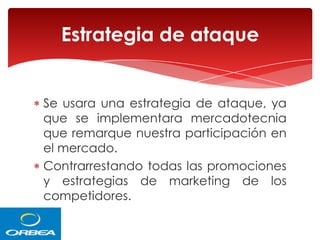 Estrategia de ataque

Se usara una estrategia de ataque, ya
que se implementara mercadotecnia
que remarque nuestra participación en
el mercado.
Contrarrestando todas las promociones
y estrategias de marketing de los
competidores.

 