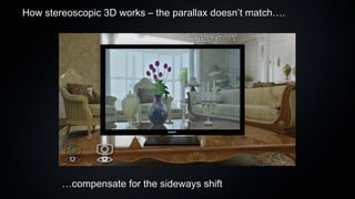 How stereoscopic 3D works – the parallax doesn’t match….




        …compensate for the sideways shift
 