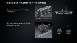 Interaxial and convergence in real cameras


 Stereoscopic camera with built in
 convergence



                                       Stereo Realist 35mm camera 1947



 Non-stereoscopic cameras toed in to
 achieve convergence
 
