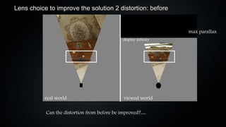 Lens choice to improve the solution 2 distortion: before


                                                                  max parallax
                                               display infinity




           real world                          viewed world

           Can the distortion from before be improved?....
 