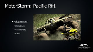 MotorStorm: Pacific Rift


   • Advantages
    • Immersion
    • Accessibility
    • Scale
 