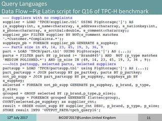 12th
July 2017 BICOD'2017@London.United Kingdom 11
Query Languages
Data Flow –Pig Latin script for Q16 of TPC-H benchmark
 