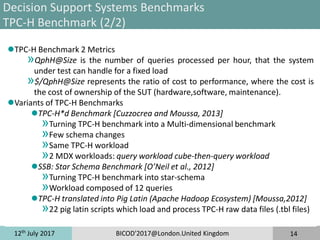 12th
July 2017 BICOD'2017@London.United Kingdom 14
Decision Support Systems Benchmarks
TPC-H Benchmark (2/2)
TPC-H Benchmark 2 Metrics
»QphH@Size is the number of queries processed per hour, that the system
under test can handle for a fixed load
»$/QphH@Size represents the ratio of cost to performance, where the cost is
the cost of ownership of the SUT (hardware,software, maintenance).
Variants of TPC-H Benchmarks
TPC-H*d Benchmark [Cuzzocrea and Moussa, 2013]
»Turning TPC-H benchmark into a Multi-dimensional benchmark
»Few schema changes
»Same TPC-H workload
»2 MDX workloads: query workload cube-then-query workload
SSB: Star Schema Benchmark [O’Neil et al., 2012]
»Turning TPC-H benchmark into star-schema
»Workload composed of 12 queries
TPC-H translated into Pig Latin (Apache Hadoop Ecosystem) [Moussa,2012]
»22 pig latin scripts which load and process TPC-H raw data files (.tbl files)
 