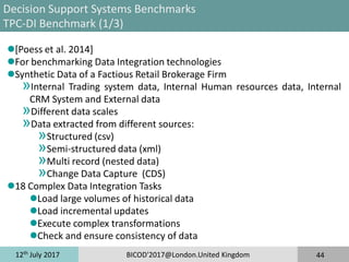 12th
July 2017 BICOD'2017@London.United Kingdom 44
Decision Support Systems Benchmarks
TPC-DI Benchmark (1/3)
[Poess et al. 2014]
For benchmarking Data Integration technologies
Synthetic Data of a Factious Retail Brokerage Firm
»Internal Trading system data, Internal Human resources data, Internal
CRM System and External data
»Different data scales
»Data extracted from different sources:
»Structured (csv)
»Semi-structured data (xml)
»Multi record (nested data)
»Change Data Capture (CDS)
18 Complex Data Integration Tasks
Load large volumes of historical data
Load incremental updates
Execute complex transformations
Check and ensure consistency of data
 
