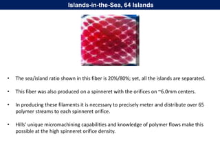 Islands-in-the-Sea, 64 Islands
• The sea/island ratio shown in this fiber is 20%/80%; yet, all the islands are separated.
• This fiber was also produced on a spinneret with the orifices on ~6.0mm centers.
• In producing these filaments it is necessary to precisely meter and distribute over 65
polymer streams to each spinneret orifice.
• Hills' unique micromachining capabilities and knowledge of polymer flows make this
possible at the high spinneret orifice density.
 
