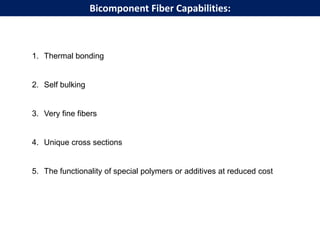 1. Thermal bonding
2. Self bulking
3. Very fine fibers
4. Unique cross sections
5. The functionality of special polymers or additives at reduced cost
Bicomponent Fiber Capabilities:
 
