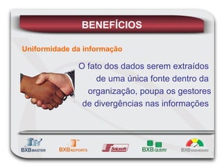 Uniformidade da informação O fato dos dados serem extraídos  de uma única fonte dentro da  organização, poupa os gestores de divergências nas informações  BENEFÍCIOS 