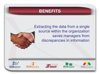 BENEFITS Extracting the data from a single source within the organization saves managers from discrepancies in information 