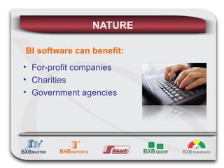 NATURE BI software can benefit: For-profit companies Charities Government agencies 