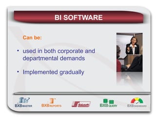 BI SOFTWARE Can be: used in both corporate and departmental demands Implemented gradually 