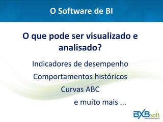 O Software de BI
O que pode ser visualizado e
analisado?
Indicadores de desempenho
Comportamentos históricos
Curvas ABC
e muito mais ...
 