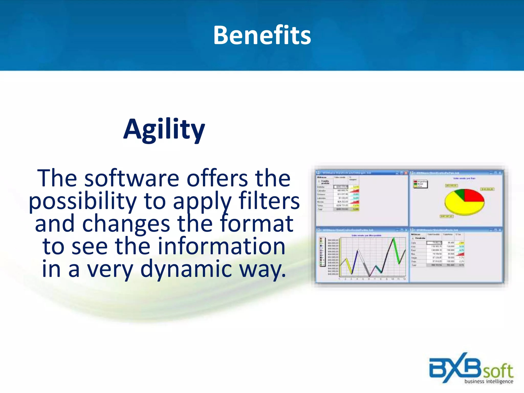 Benefits
Agility
The software offers the
possibility to apply filters
and changes the format
to see the information
in a very dynamic way.
 