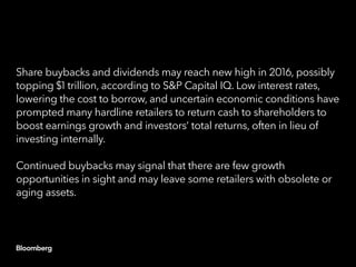 Share buybacks and dividends may reach new high in 2016, possibly
topping $1 trillion, according to S&P Capital IQ. Low in...