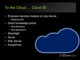 To the Cloud … Cloud BIEmpower decision-makers on any deviceReal-time BIDirect knowledge pointsNot drill-downNot dashboardSilverlightAzureSQL ServerPowerPivot