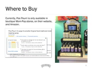 Where to Buy
6
Currently, Poo Pourri is only available in
boutique Mom-Pop stores, on their website,
and Amazon.
 