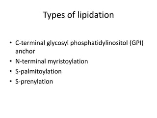 • C-terminal glycosyl phosphatidylinositol (GPI)
anchor
• N-terminal myristoylation
• S-palmitoylation
• S-prenylation
Types of lipidation
 