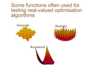 Some functions often used for
testing real-valued optimisation
algorithms
Rosenbrock
Griewank Rastrigin
 