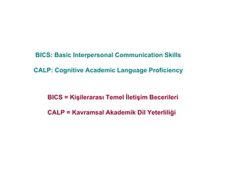 BICS: Basic Interpersonal Communication Skills

CALP: Cognitive Academic Language Proficiency



    BICS = Kişilerarası Temel İletişim Becerileri

    CALP = Kavramsal Akademik Dil Yeterliliği
 