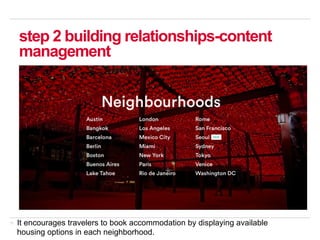 18
step 2 building relationships-content
management
It encourages travelers to book accommodation by displaying available
housing options in each neighborhood.
 