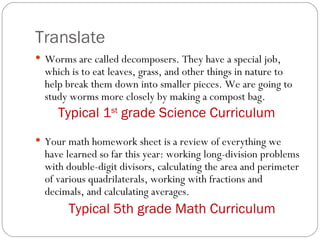 Translate Worms are called decomposers. They have a special job, which is to eat leaves, grass, and other things in nature to help break them down into smaller pieces. We are going to study worms more closely by making a compost bag.  Your math homework sheet is a review of everything we have learned so far this year: working long-division problems with double-digit divisors, calculating the area and perimeter of various quadrilaterals, working with fractions and decimals, and calculating averages. Typical 1 st  grade Science Curriculum Typical 5th grade Math Curriculum 