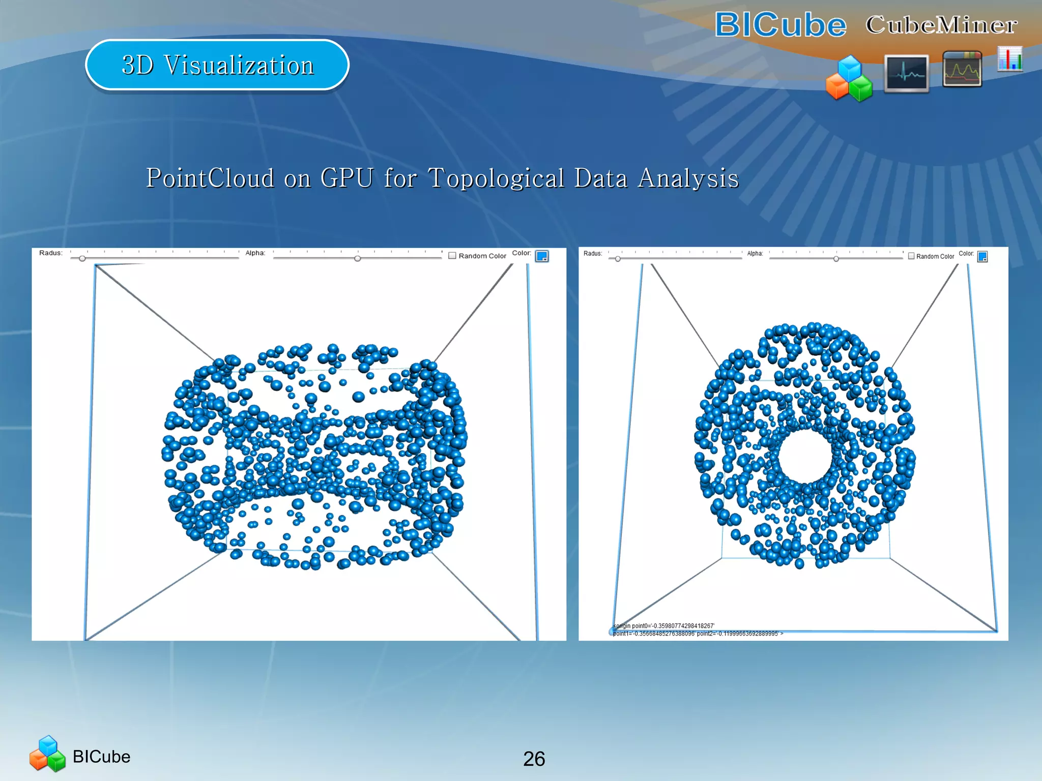 BICube 26
3D Visualization3D Visualization3D Visualization3D Visualization
PointCloud on GPU for Topological Data AnalysisPointCloud on GPU for Topological Data Analysis
 