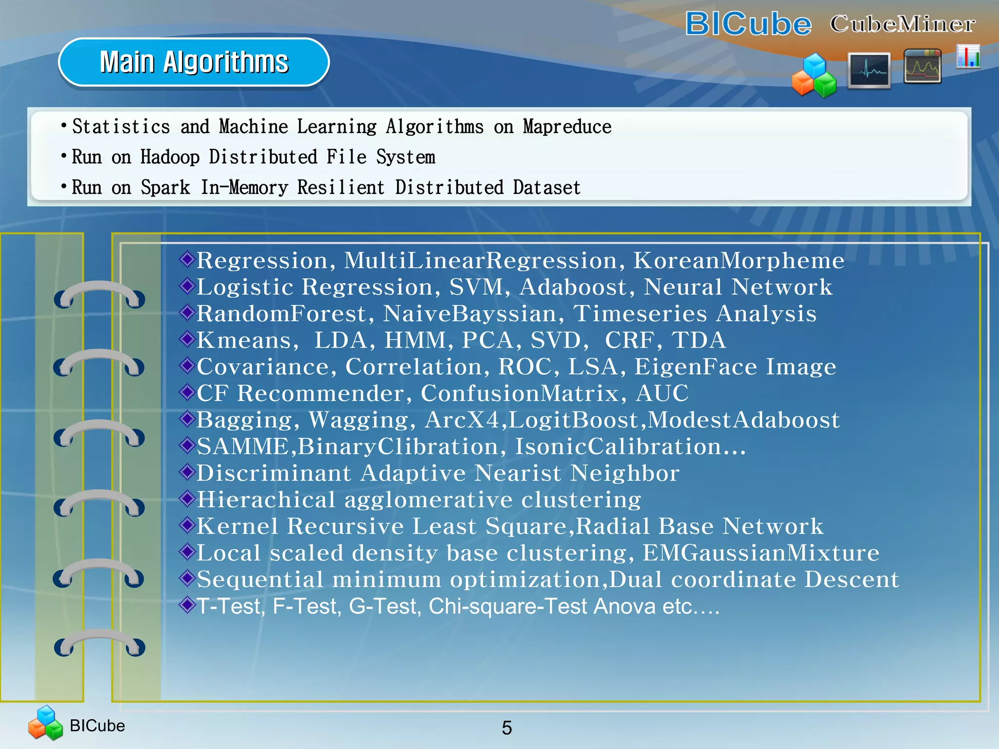 BICube 5
Regression, MultiLinearRegression, KoreanMorpheme
Logistic Regression, SVM, Adaboost, Neural Network
RandomForest, NaiveBayssian, Timeseries Analysis
Kmeans, LDA, HMM, PCA, SVD, CRF, TDA
Covariance, Correlation, ROC, LSA, EigenFace Image
CF Recommender, ConfusionMatrix, AUC
Bagging, Wagging, ArcX4,LogitBoost,ModestAdaboost
SAMME,BinaryClibration, IsonicCalibration...
Discriminant Adaptive Nearist Neighbor
Hierachical agglomerative clustering
Kernel Recursive Least Square,Radial Base Network
Local scaled density base clustering, EMGaussianMixture
Sequential minimum optimization,Dual coordinate Descent
T-Test, F-Test, G-Test, Chi-square-Test Anova etc….
• Statistics and Machine Learning Algorithms on Mapreduce
• Run on Hadoop Distributed File System
• Run on Spark In-Memory Resilient Distributed Dataset
Main AlgorithmsMain AlgorithmsMain AlgorithmsMain Algorithms
 