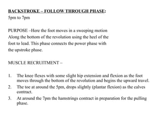BACKSTROKE – FOLLOW THROUGH PHASE:
5pm to 7pm
PURPOSE –Here the foot moves in a sweeping motion
Along the bottom of the revolution using the heel of the
foot to lead. This phase connects the power phase with
the upstroke phase.
MUSCLE RECRUITMENT –
1. The knee flexes with some slight hip extension and flexion as the foot
moves through the bottom of the revolution and begins the upward travel.
2. The toe at around the 5pm, drops slightly (plantar flexion) as the calves
contract.
3. At around the 7pm the hamstrings contract in preparation for the pulling
phase.
 