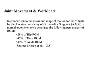 Joint Movement & Workload
• In comparison to the maximum range of motion for individuals
by the American Academy of Orthopedics Surgeons (AAOS), a
normal ergometer cycle generated the following percentages of
ROM:
• 28% of Hip ROM
• 45% of Knee ROM
• 40% of Ankle ROM
(Source: Ericson et al., 1988)
 