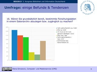 BID2013 5. Kongress Bibliothek und Information Deutschland
Elena Simukovic, Computer- und Medienservice (CMS) 9
Umfrage: einige Befunde & Tendenzen
16. Wären Sie grundsätzlich bereit, bestimmte Forschungsdaten
in einem Datenarchiv abzulegen bzw. zugänglich zu machen?
 