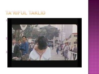 Ta’rifultaklidMenurut Dr. WahbahZuhailidalamkitabnyaUshul al-fiqh al-islami : “mengikutipendapatorang lain tanpamengetahuidalilnya”.Menurut Imam Al-Ghazalidalamkitabnya al-mustashfa : “Menerimaperkataanorang lain tanpadasar”.Menurut Al-Amididalam Al-ihkamFiUshul al-ahkamadalah : “beramaldenganperkataanorang lain tanpahujjah”.