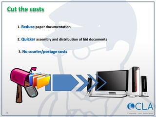 11
Cut the costs
1. paper documentation
2. assembly and distribution of bid documents
3.
 