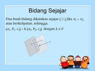 Bidang Sejajar 
Dua buah bidang dikatakan sejajar ( // ) jika n 1 = n2 
atau berkelipatan, sehingga: 
(a1, b1, c1 ) = λ (a2, b2, c2 ) dengan λ ≠ 0 
 
